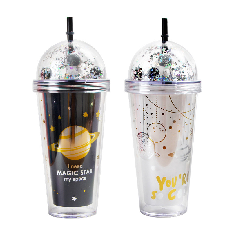Transparent Plastic Double Layer Water Straw Cup, Black и White Star Cartoon Astronaut Cup