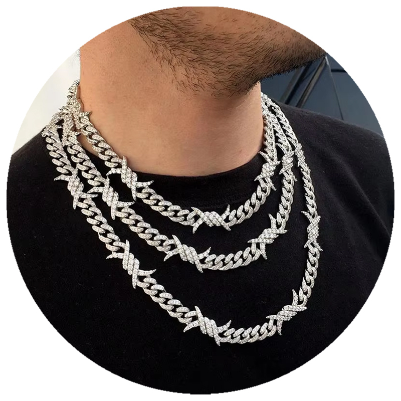 Hip Hop Jewelry Men Thorn Cubic Zirconia Diamond Cuban armband silber Punk Gold Chain Barbed wire link bracelets necklace