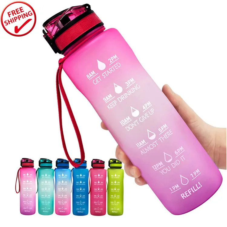 Gradient Color BPA Free Eco-friendly Large Motivational Plastic Tritan Outdoor Sports Water Bottle Drinking (500/600/800/1000ml)