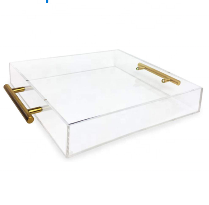 UNIVERSE Customized Clear Acrylic Cake Food Tray Acrylic Item Display Tray With Gold Handle