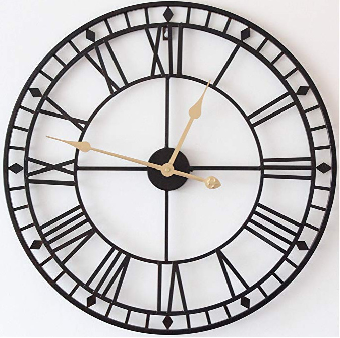 European black round Roman iron wall clock living room decorative wall clock quartz clock