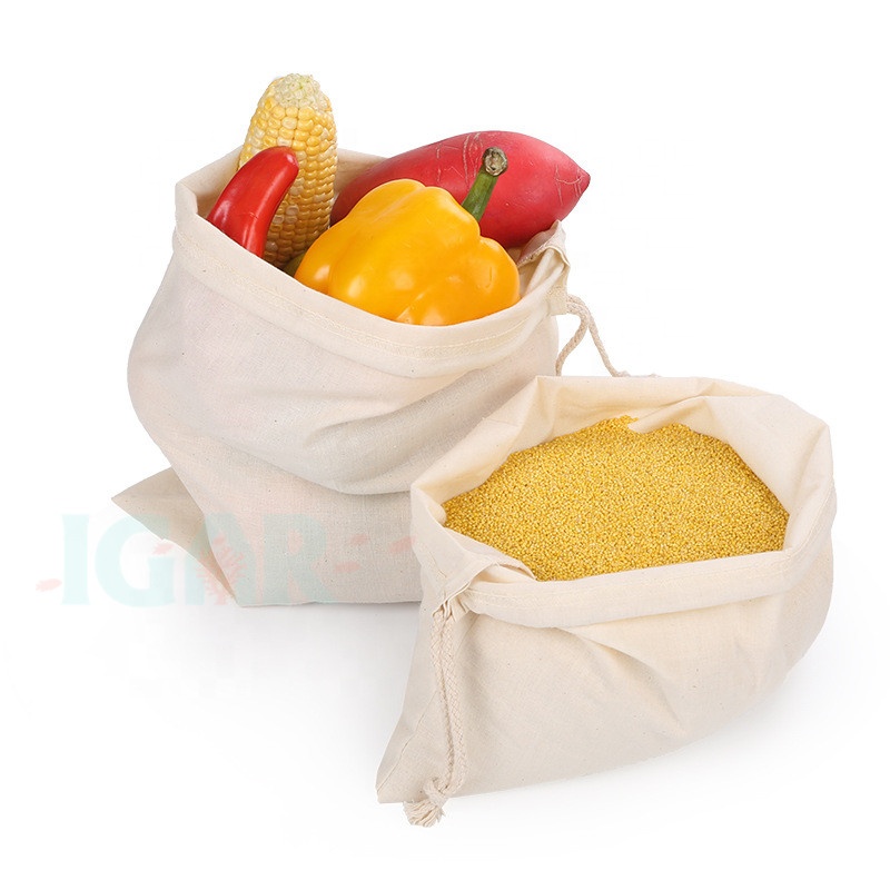 Logo Custom Tag eco friendly produce bag Set Organic Cotton fabric is Washable& Durable with single drawstring 20X28CM