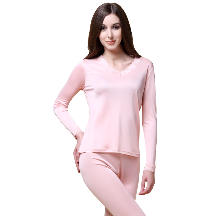 Women sexy v-neck lace knitted silk thermal underwear set ladies' silk base solid color long sleeves long Johns set