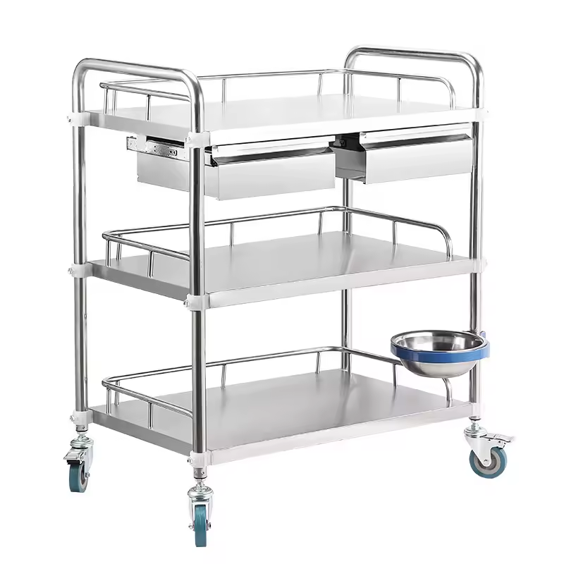Stainless Steel medical mayo instrument trolley medicine trolley dressing cart treatment cart OEM 2 or 3 layers with drawers