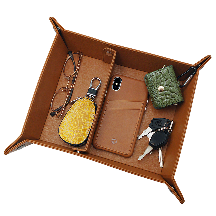 Luxury Brown Vegan Leather Valet Tray Practical Storage Box Jewelry Organizer