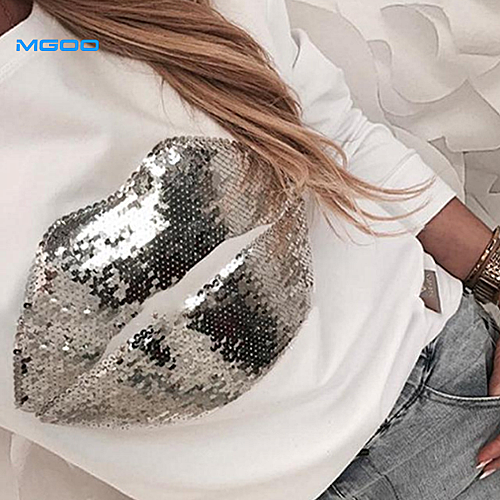 Женская хлопковая футболка с коротким рукавом MGOO, Пляжная футболка с блестками и рисунком губ для девочек, белая футболка с серебристым узором
