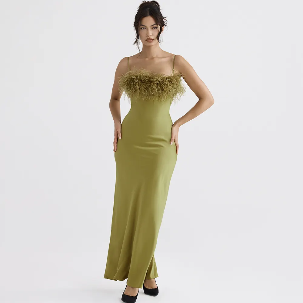 Luxury Feather Women Dresses Spaghetti Straps Double Layer Satin Low Back Design Fur Maxi Cocktail Dresses