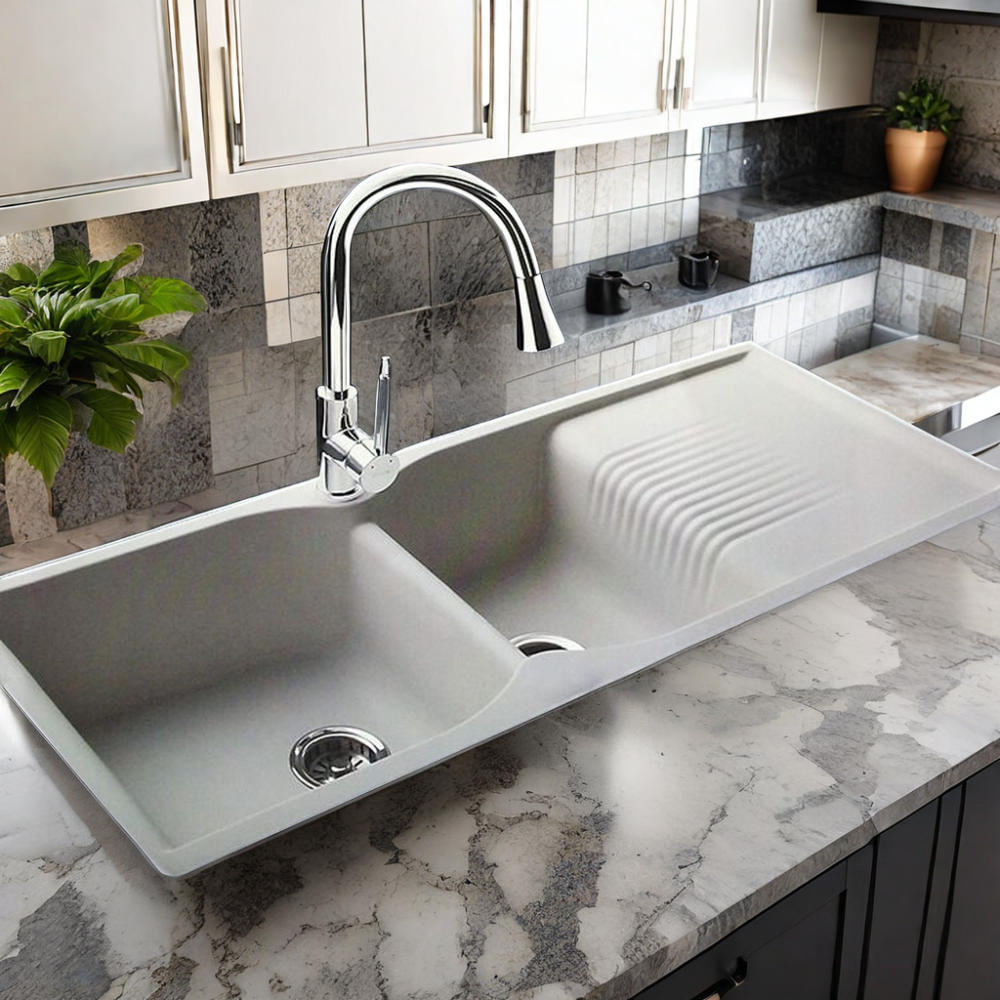 Modern Double Bowl Kitchen Sink with Drain Board Rectangular Granite Inset Sink in Quartz and Acrylic Matte Finish