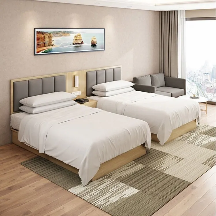 Modern Hotel Guest Room Furniture Wooden Bedframes With Headboard