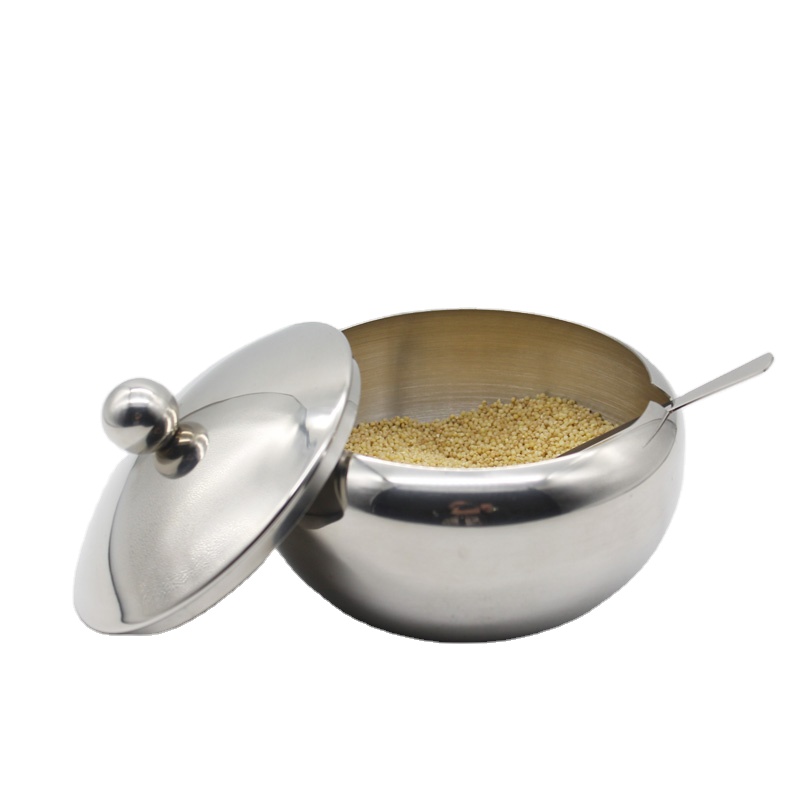 Drum shape container sugar bowl with lid stainless steel bowl sugar cane spice storage container