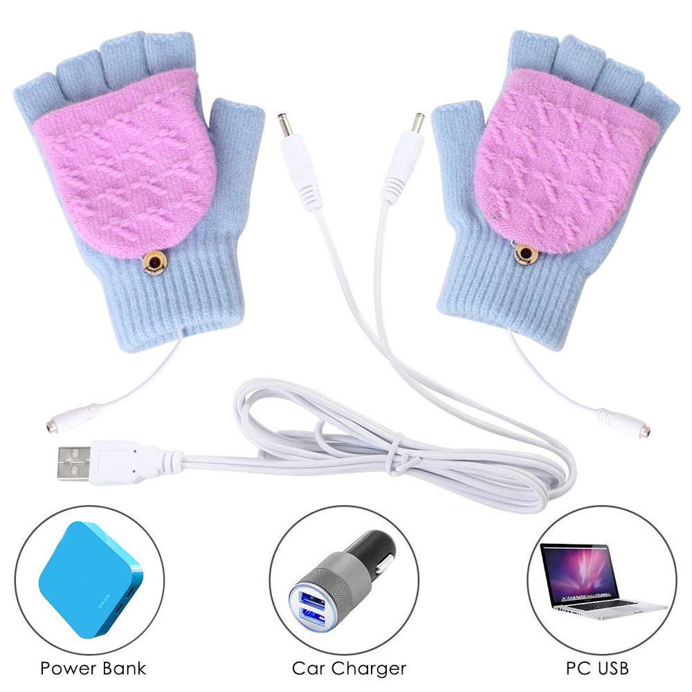 Шерстяные теплые перчатки, перчатки с USB-подогревом, грелки для рук, зимние перчатки с электрическим подогревом для ноутбука без пальцев