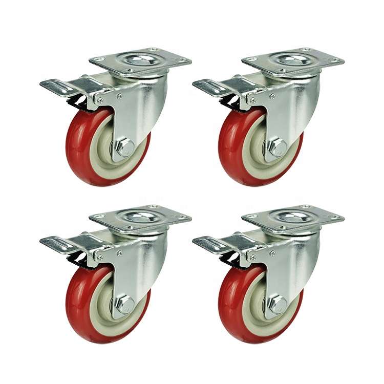Amazon Hot Sale 4 Pack 4 Inch Caster Wheels Swivel Plate On Red Polyurethane Wheels Without Brake  2 inch Plate 