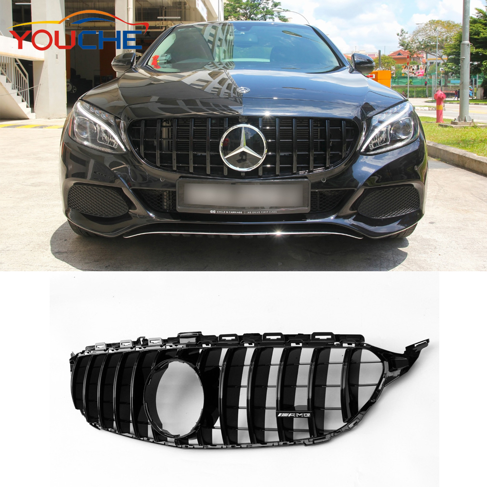 Сетчатая Решетка переднего бампера W205 GT R для 15-18 Mercedes C Class C250 C300 C350 Sport Edition, Черная решетка из АБС-пластика без камеры