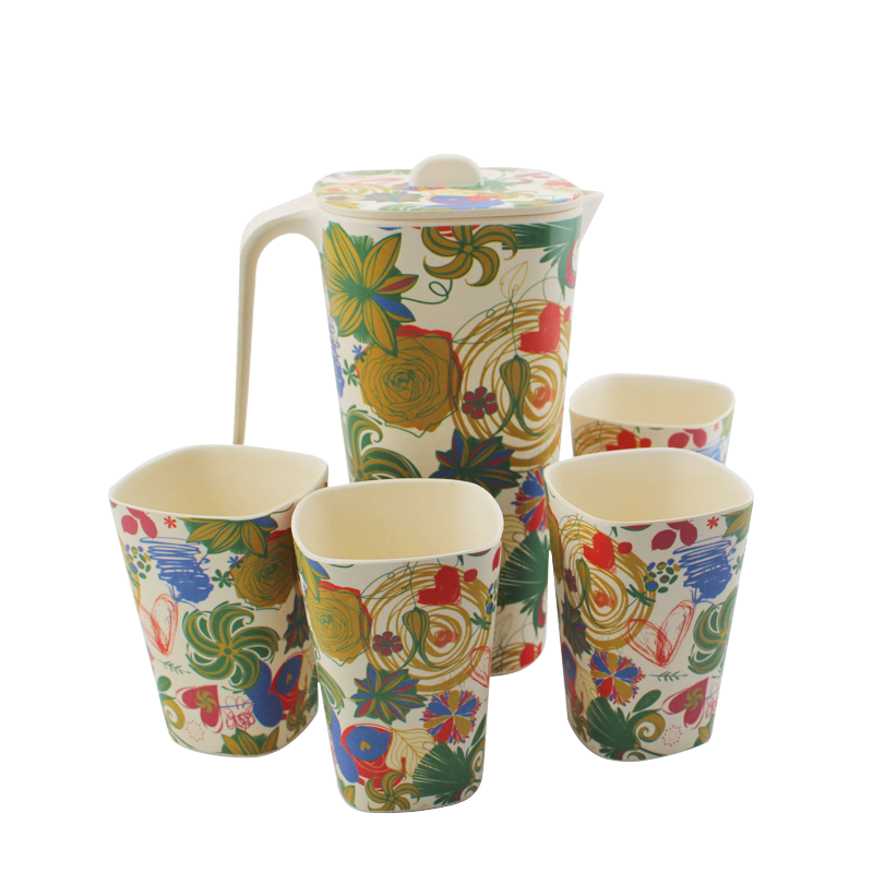 Water Pitcher Set with Lid and 4 Cups, Bamboo Water Carafe for Iced Tea Eco-friendly Beverage Pitchers for Home