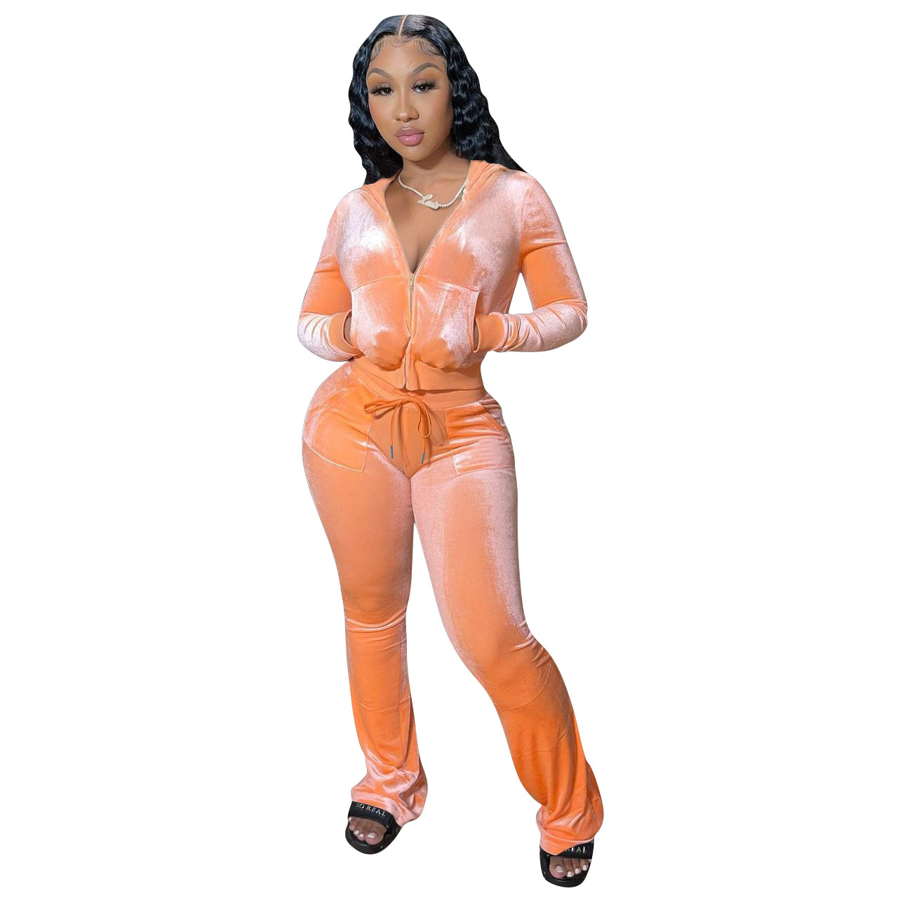 2021 Women Fall Velvet Fleece Winter Thick Hoodies Tracksuits With Pocket Clothing 2 Piece Velour Sweat Pant Joggers Pants Set
