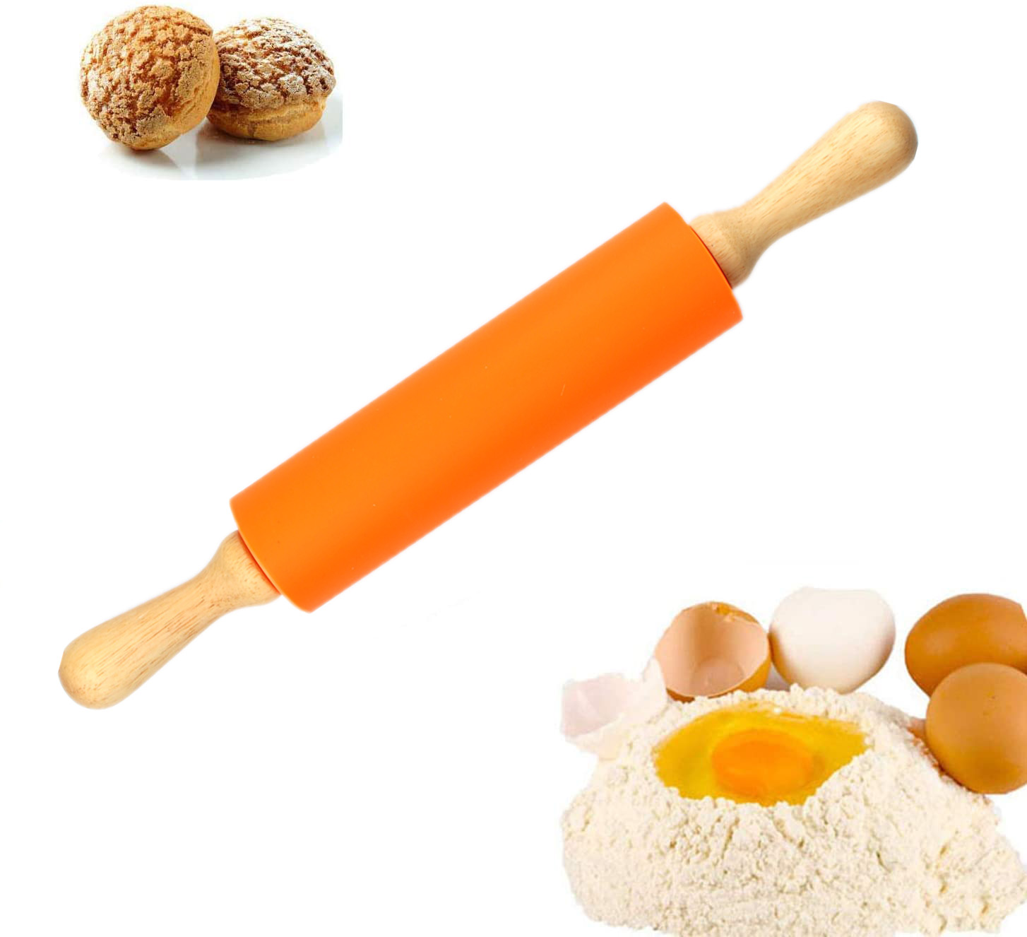 Silicone Rolling Pin Dough Roller Baking Supplies Non Stick Surface Wooden Handle Pastry Tool for Biscuit Fondant Pastry Making