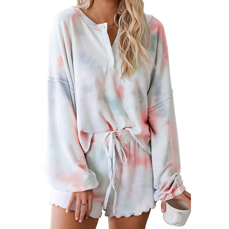 wholesale in-stock Home Wear Long Sleeve Multicolor Tie Dye Knit 2 Piece Women Fashion Pajama Sleepwear Set