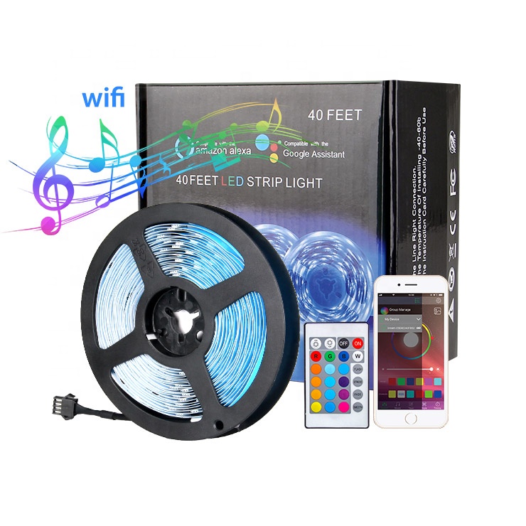 Смарт-управление CE FCC Wifi, Светодиодная лента 40 футов RGB для дома, 5050 меняющихся цветов, совместима с Alexa