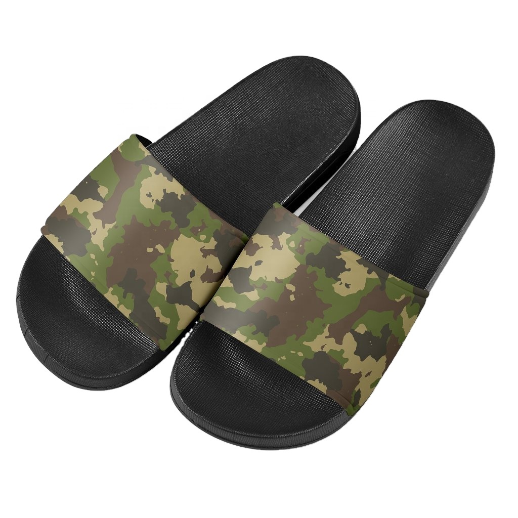 High Quality Classic Comfortable Green Camouflage Print Black Slide Sandals