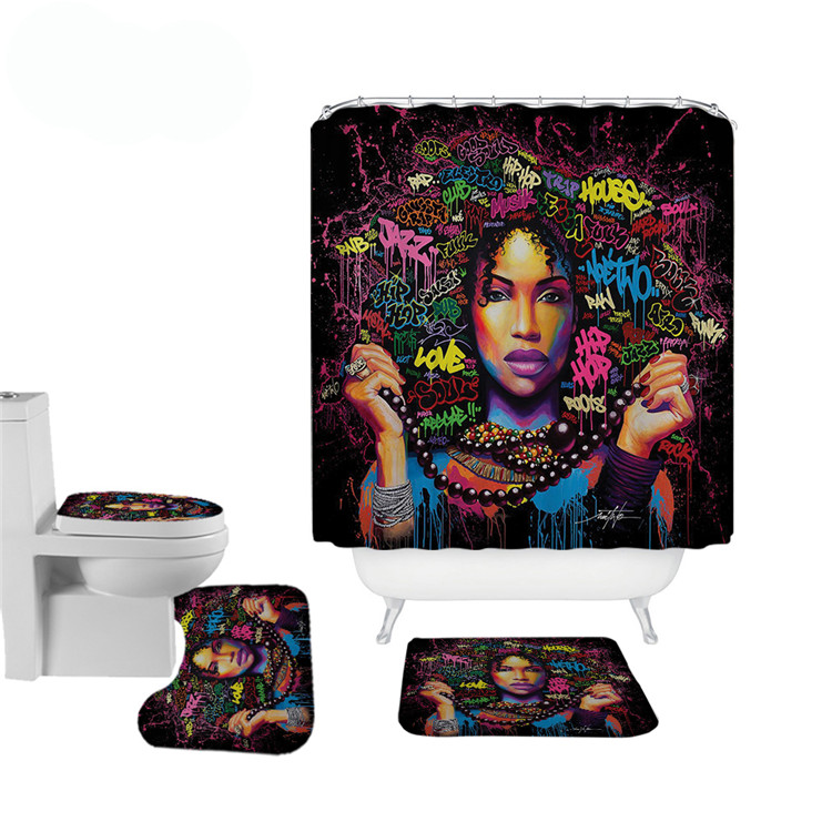 Custom 3D digital print polyester waterproof african woman bathroom shower curtain set with bath rugs