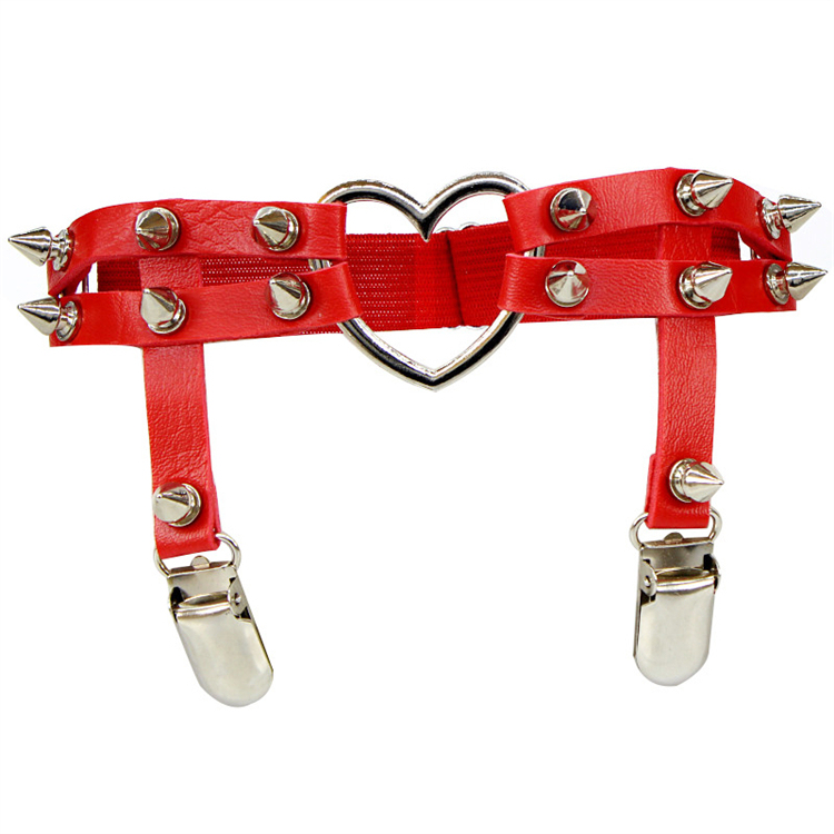 Gothic Studded Heart Garters Leg Ring Leg Elastic Punk Harness Garter Belt Adjustable Suspender with 2 Clips