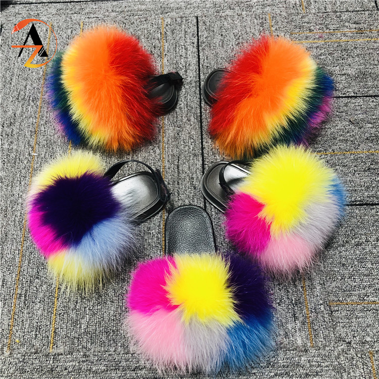 Multi colored pink white brown furry fox fur slippers custom logo designer fur slides