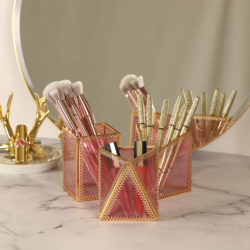 Luxury Pink Clear Glass Rose Gold Makeup Organizers Cosmetic Makeup Brush Holder