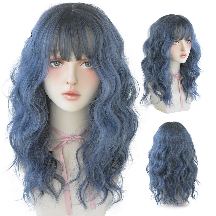 WIGS Blue Deep Wave Wig With Bangs For Women Long Omber Brown Hair Layered Heat Resistant Cosplay Party Synthetic Wig