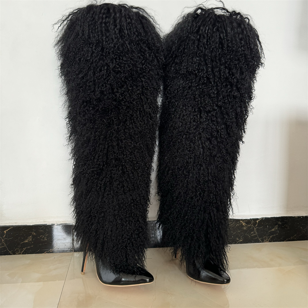 Winter American fashion boots pointed toe high-heeled furry boots large size catwalk fur knee high women's boots