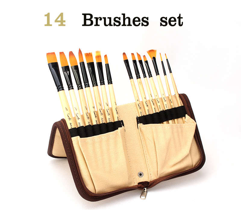 Paint brushes set 14pcs professional bright wooden pole different shape nylon artist