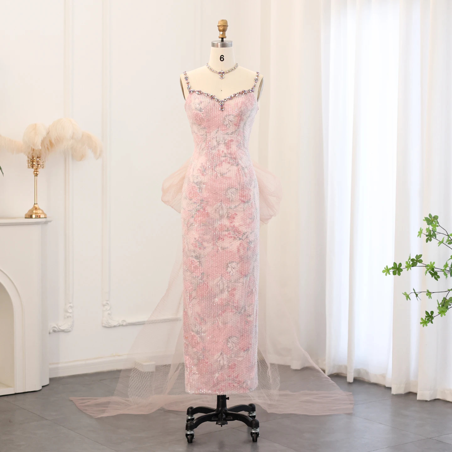 Princess Pink Spaghetti Strap Yarn Straight Evening Party Dresses Jancember SZ516-1