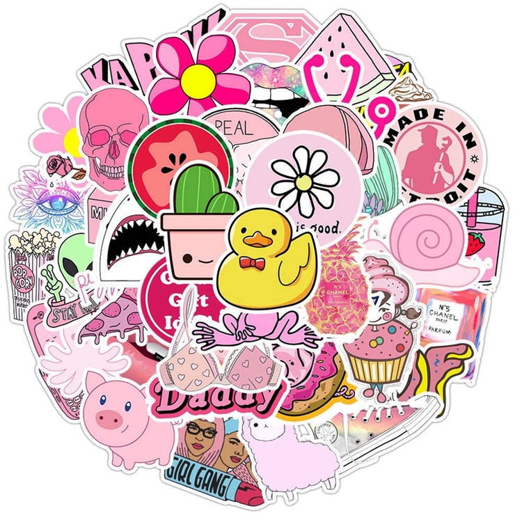 Hot Products 50pcs/pack Pink DIY Cute Color Die Cut Laptop Cartoon Kawaii Label Stickers