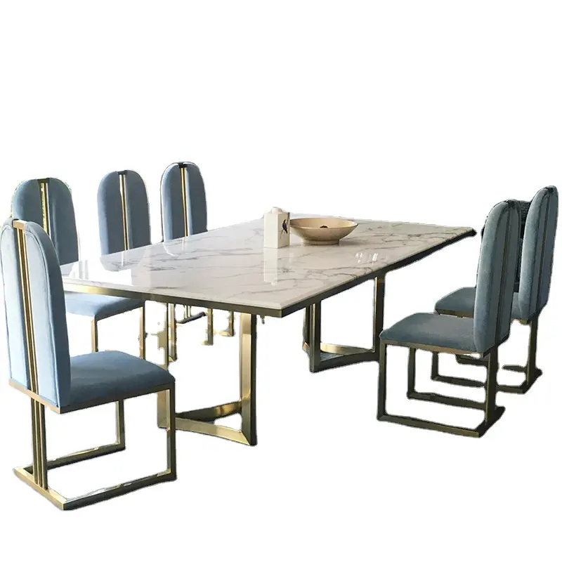 Modern luxury golden stainless steel dining table marble countertop for dining room furniture dining table set