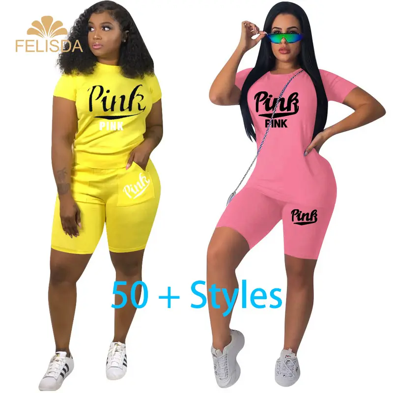 Casual Pink Letter Print Women Two Piece Set New Summer Rompers Sexy Plus Size T-Shirts And Skinny Pants Short 2pcs Outfits