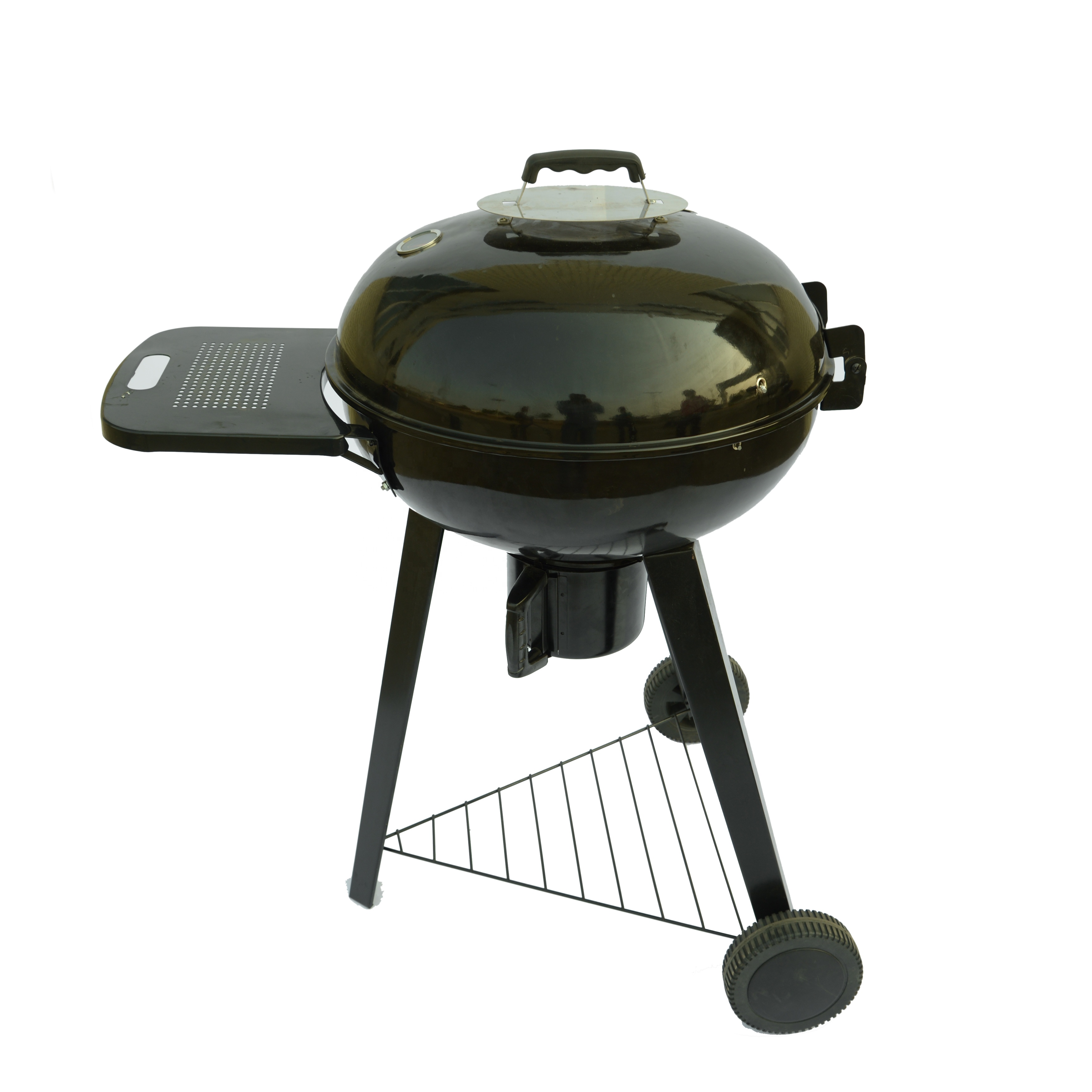Burgers and pork chops cooked in a 22.5-inch thick carbon oven