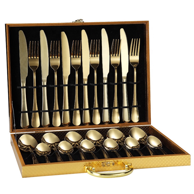 Factory Amazon Utensil Fork Knife Spoon Black Gold Flatware Stainless Steel Cutlery 24pcs Set With Wooden Box