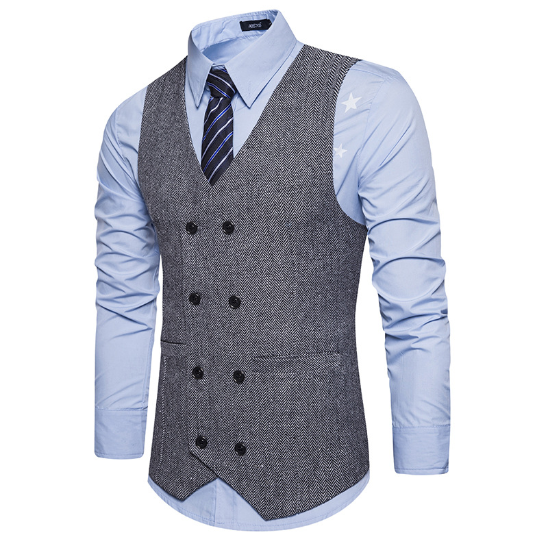 European Code New Style Men's Woolen Double-Breasted Retro Men's Tight Suit Vest Slim Fit