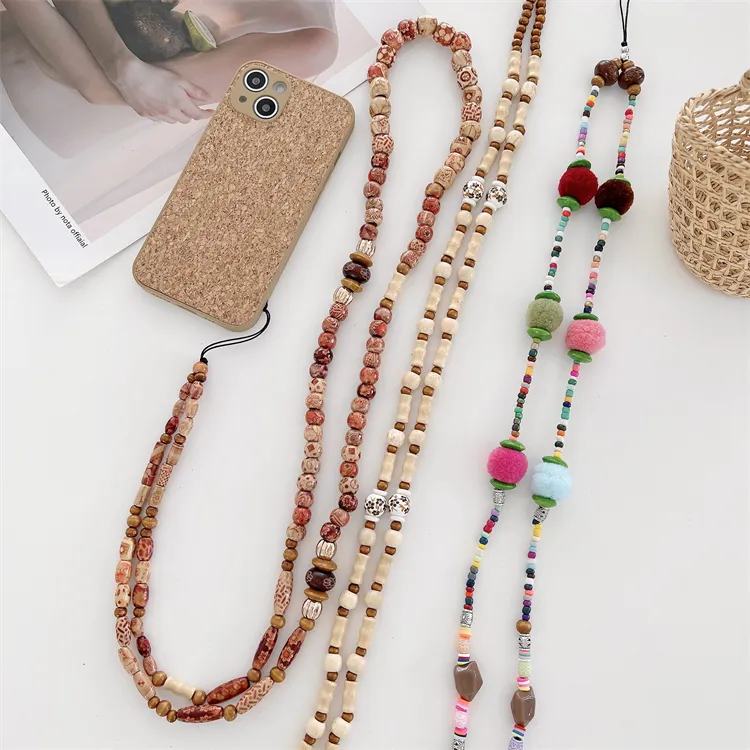 2022 Wholesale New Trendy Long Beaded Mobile Phone Chain Straps, Wood Acrylic Crossbody Cell Phone Lanyard Strap for Neck
