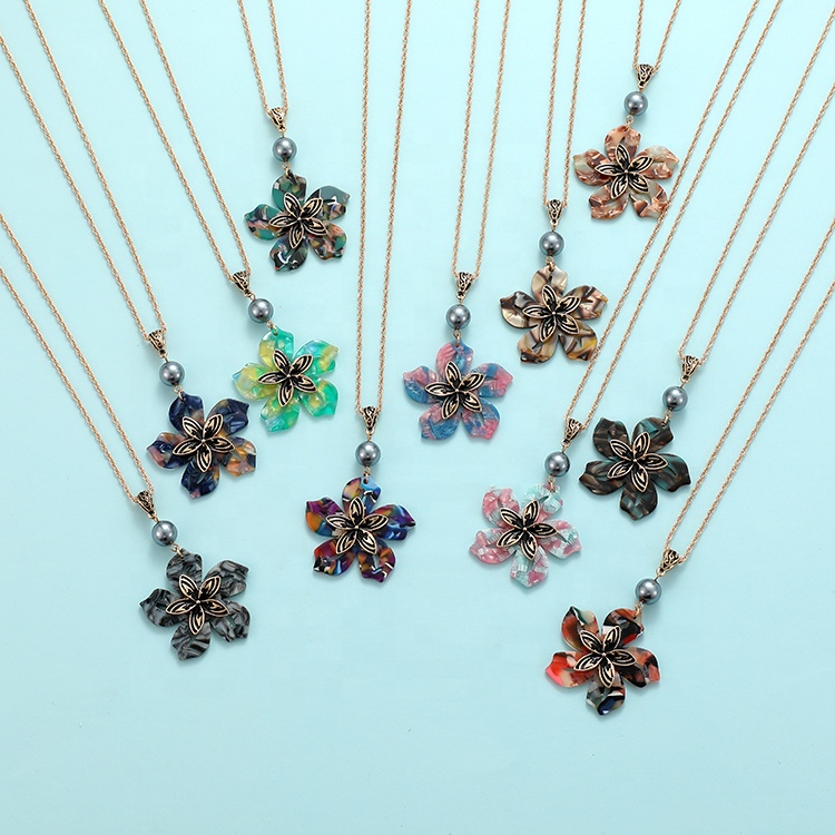 Women Gold Plated Choker Custom Jewelry Flower Shape Hawaiian Acrylic Necklace Earrings