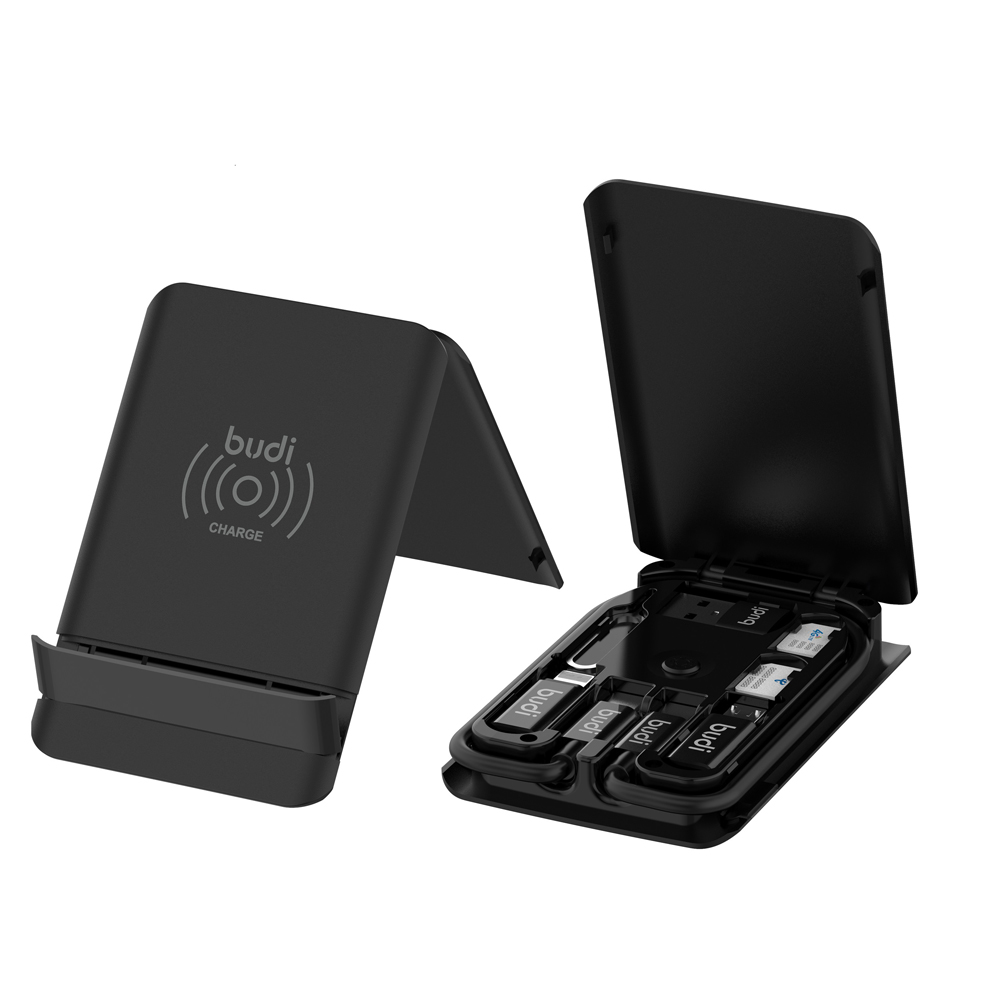budi/oem new arrivals 5w/10w/15w wireless charger box with sim kit TF card reader / LED light / 6 in 1 cables for phone charger