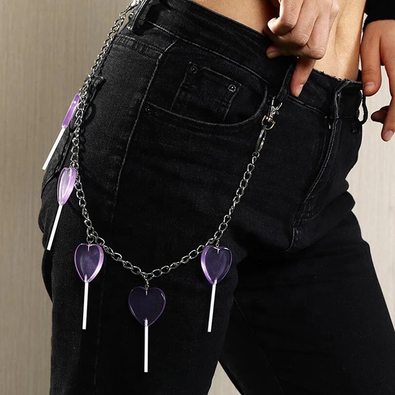 New Harajuku Transparent Purple Heart Lollipop Metal Key Chain For Women Punk Jeans Waist Pant Keychains Accessories Jewelry