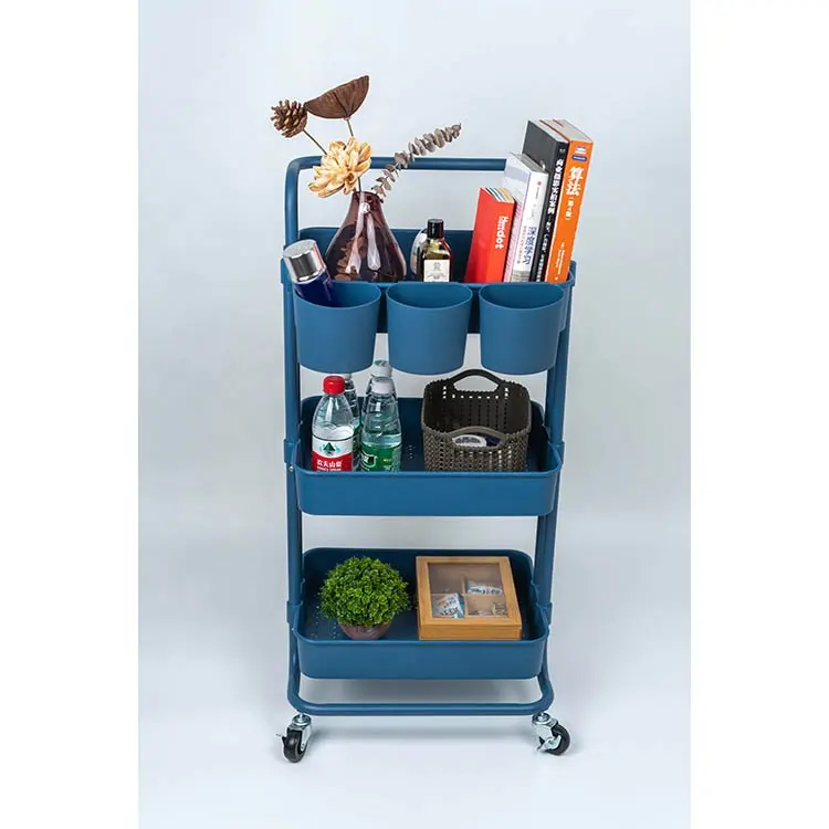 3 Tier Rolling Trolley ABS Basket Organizer Shelves Kitchen Bathroom Dark Blue Storage Cart