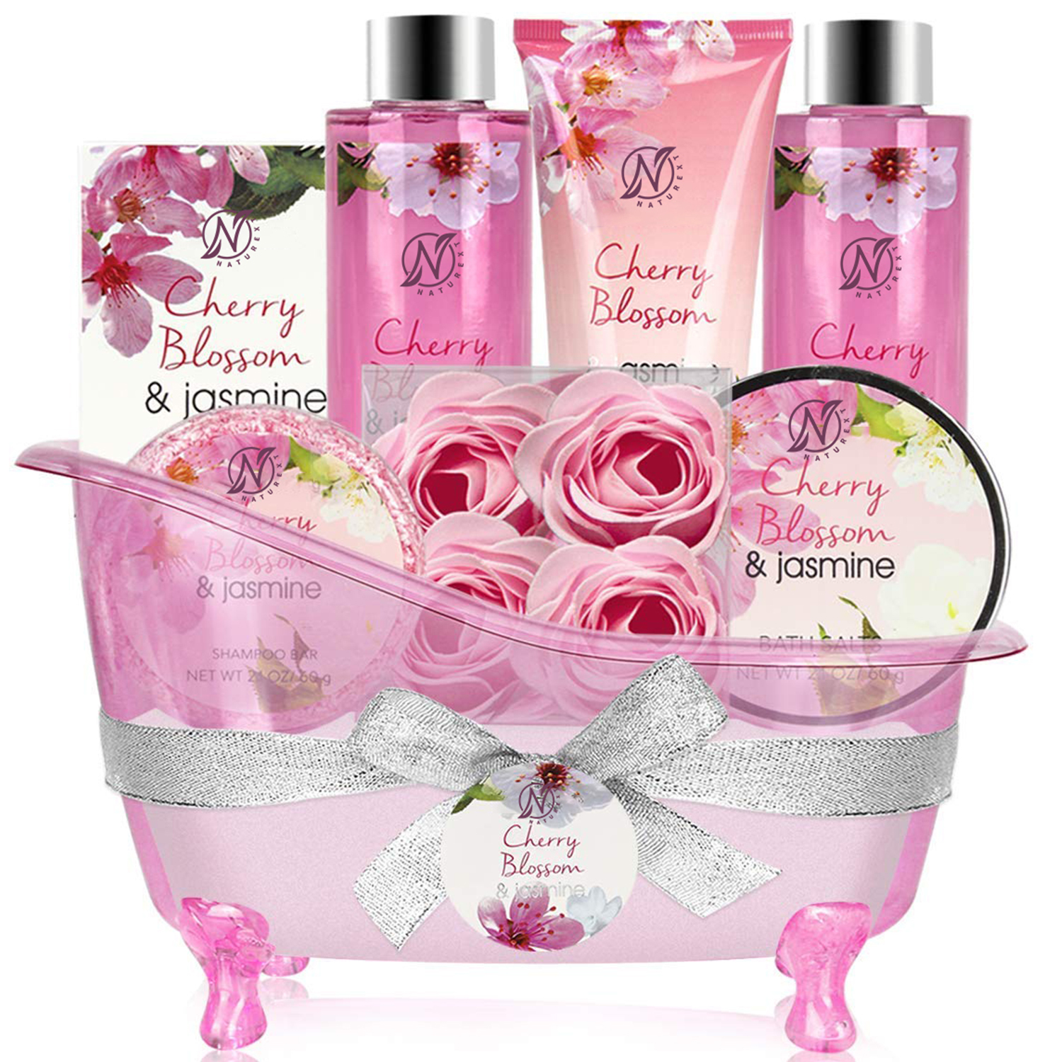 NATUREX Cherry Blossom Jasmine Moisturizing Spa Gift Baskets for Women Skin Whitening Spa Bath Gift Set