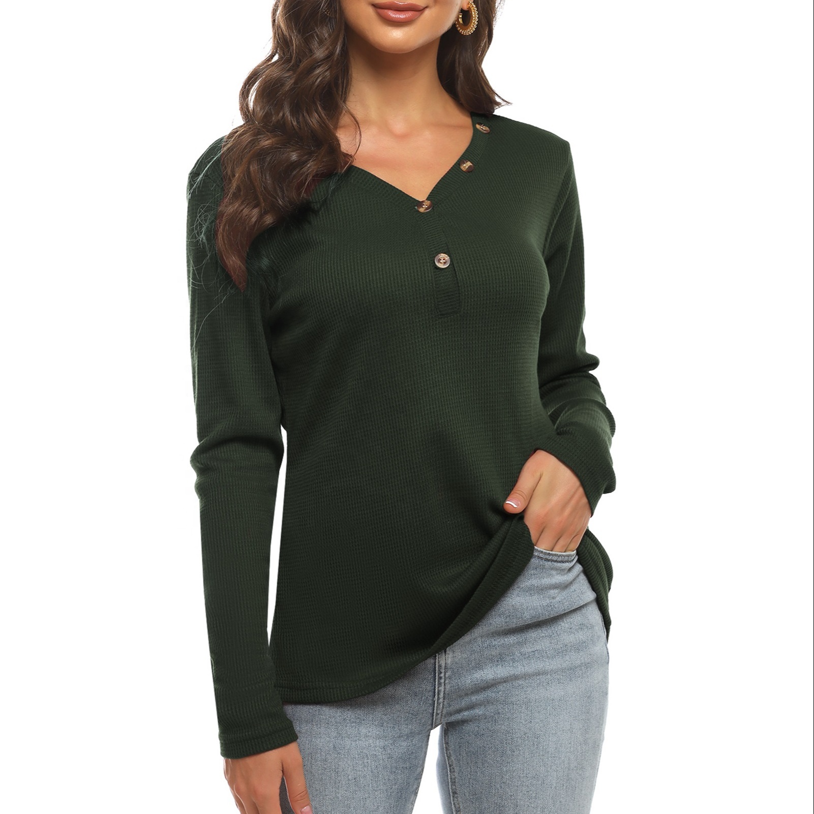 Women's V-Neck Henley Shirt Slim-cut Pullover Casual Long Sleeve Waffle Button Blouse Tops