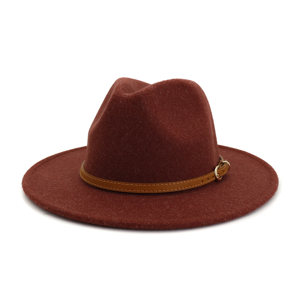 Womens Classic Wool Fedora with Belt Buckle Wide Brim Panama Hat