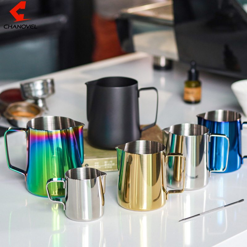 Multiple dimensions custom cappuccino coffee milk frother pitcher / galvanized stainless steel measurement metal milk jug