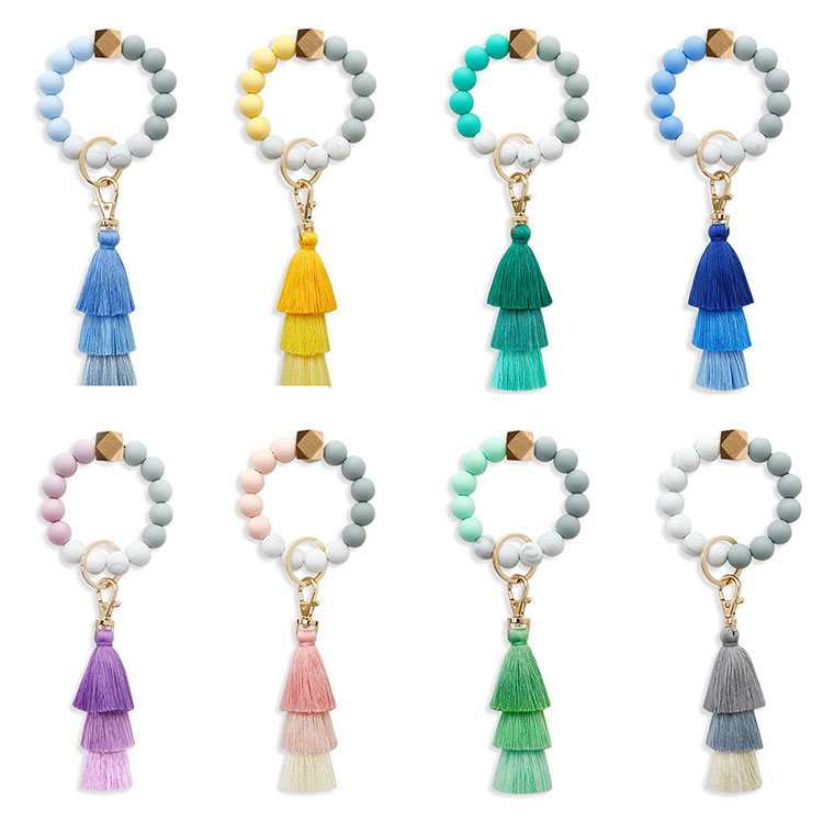 Jewelry Accessories Tassel Car Key Ring Bracelet Wristlet Charm Handbags Silicone Beaded Keychain For Women