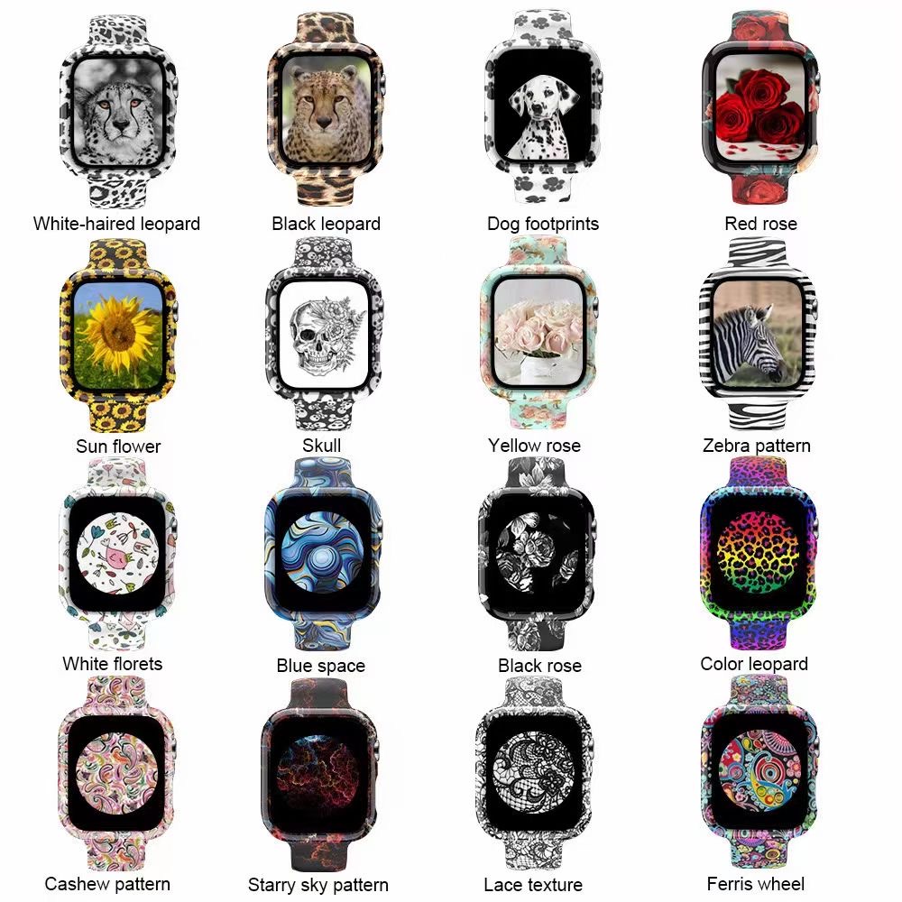 Fashion custom printed silicone strap for Apple iwatch strap 38mm -44mm strap and watch case with screen protector