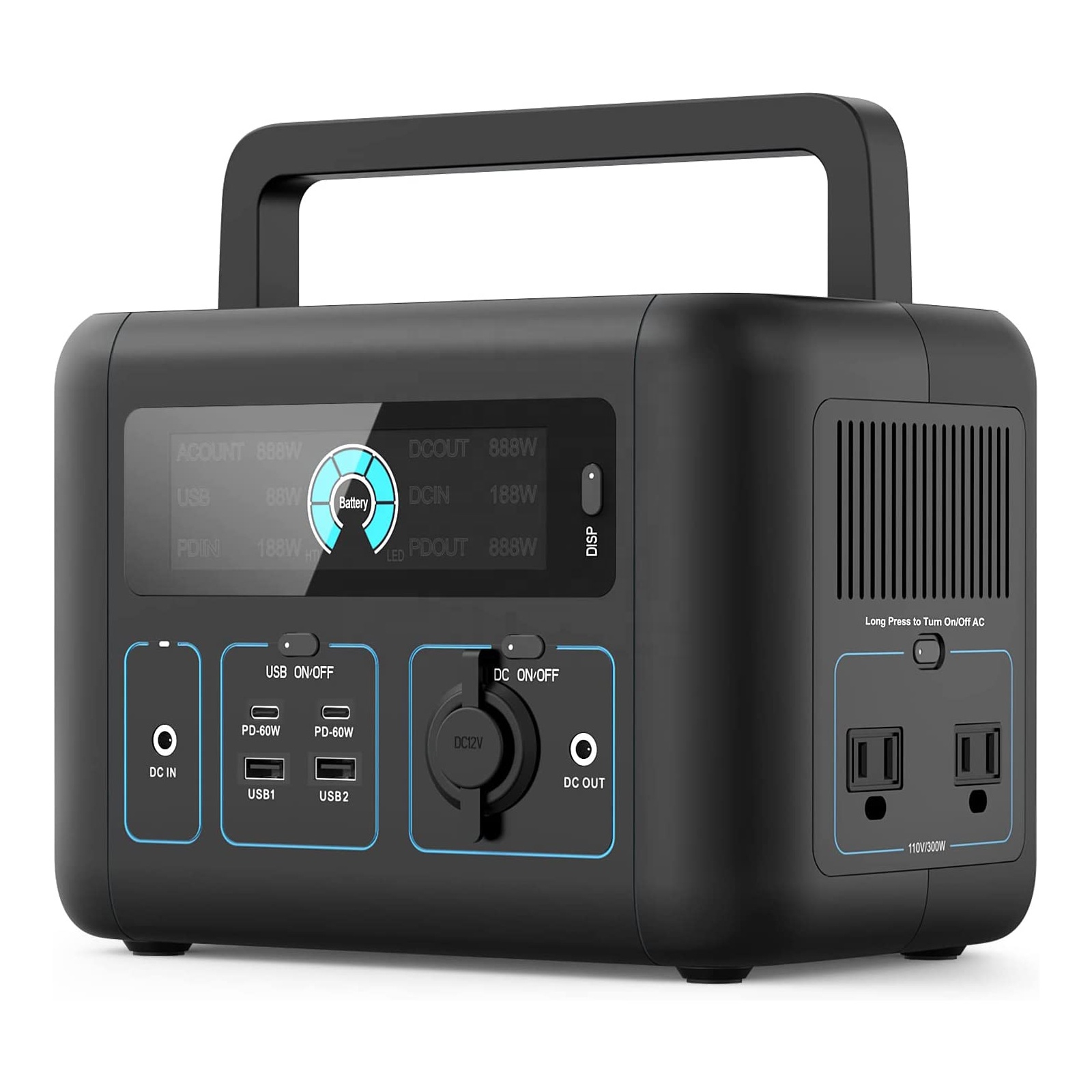 Portable Power Station 300W,296Wh Lithium Battery 80000mAh , 2-60W PD and110V/330W Pure Sine Wave, Solar Generator