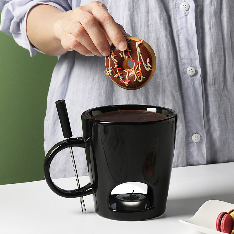 Custom Ceramic Cream Cheese Chocolate Fondue Burner Mug Tealight Melting Pot Mini Porcelain Fondue with Fork